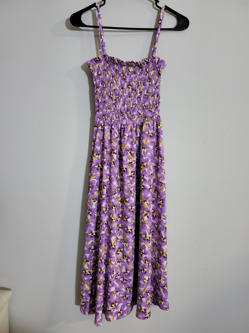 H&M Purple and Yellow Floral Smocked Midi Dress